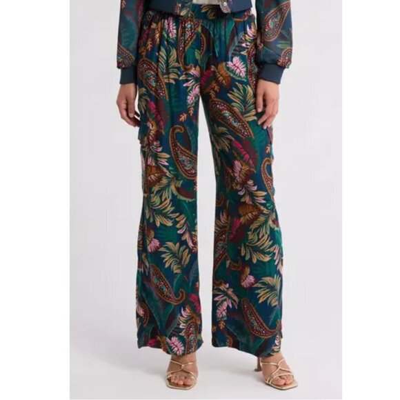 TAHARI Wide Leg Pants Plus Size 2X Green Floral Pullon Elastic Waist Cargo Rayon - Picture 1 of 11